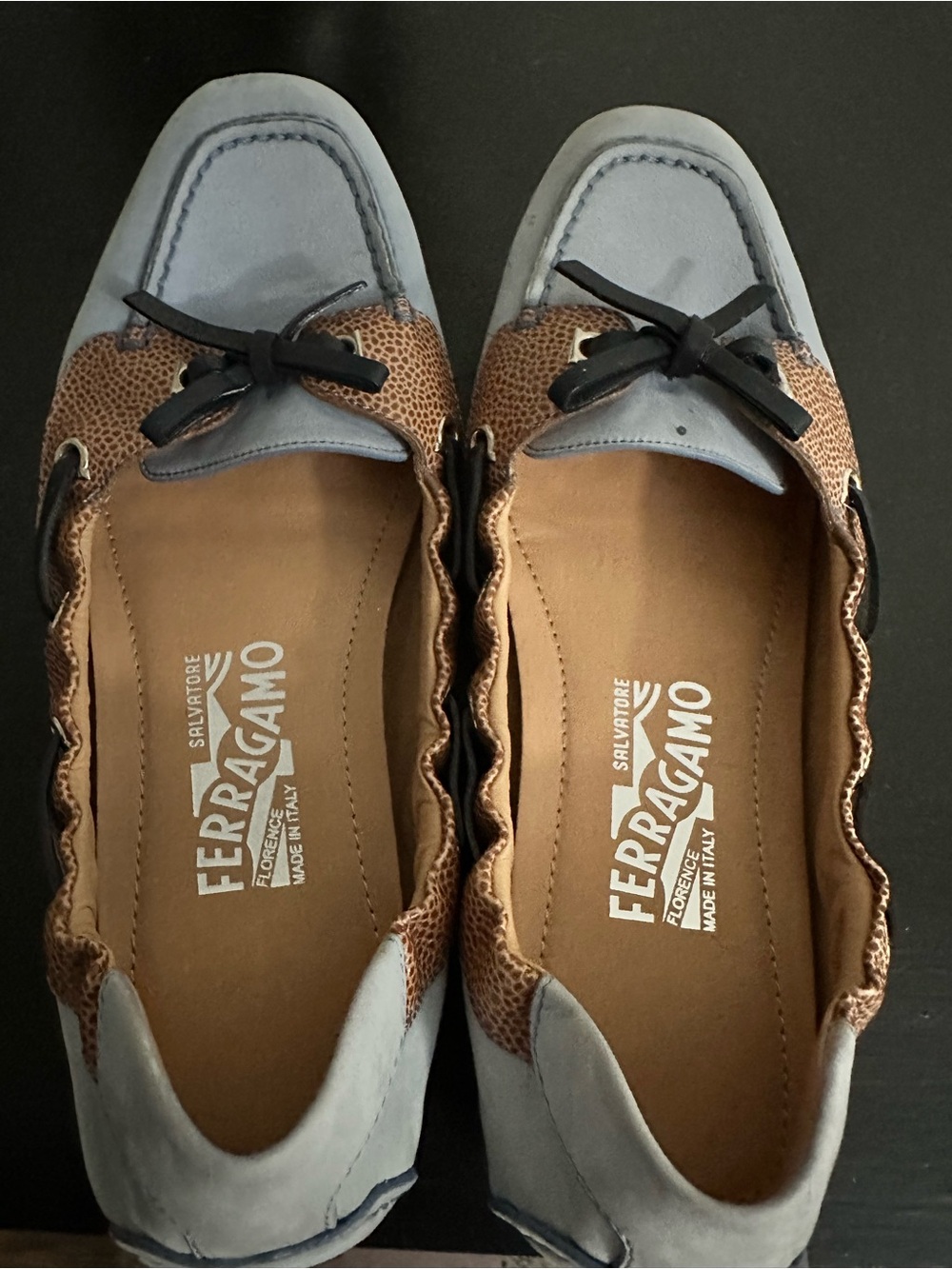 Salvatore Ferragamo Light Blue and Brown Leather Driving Loafers